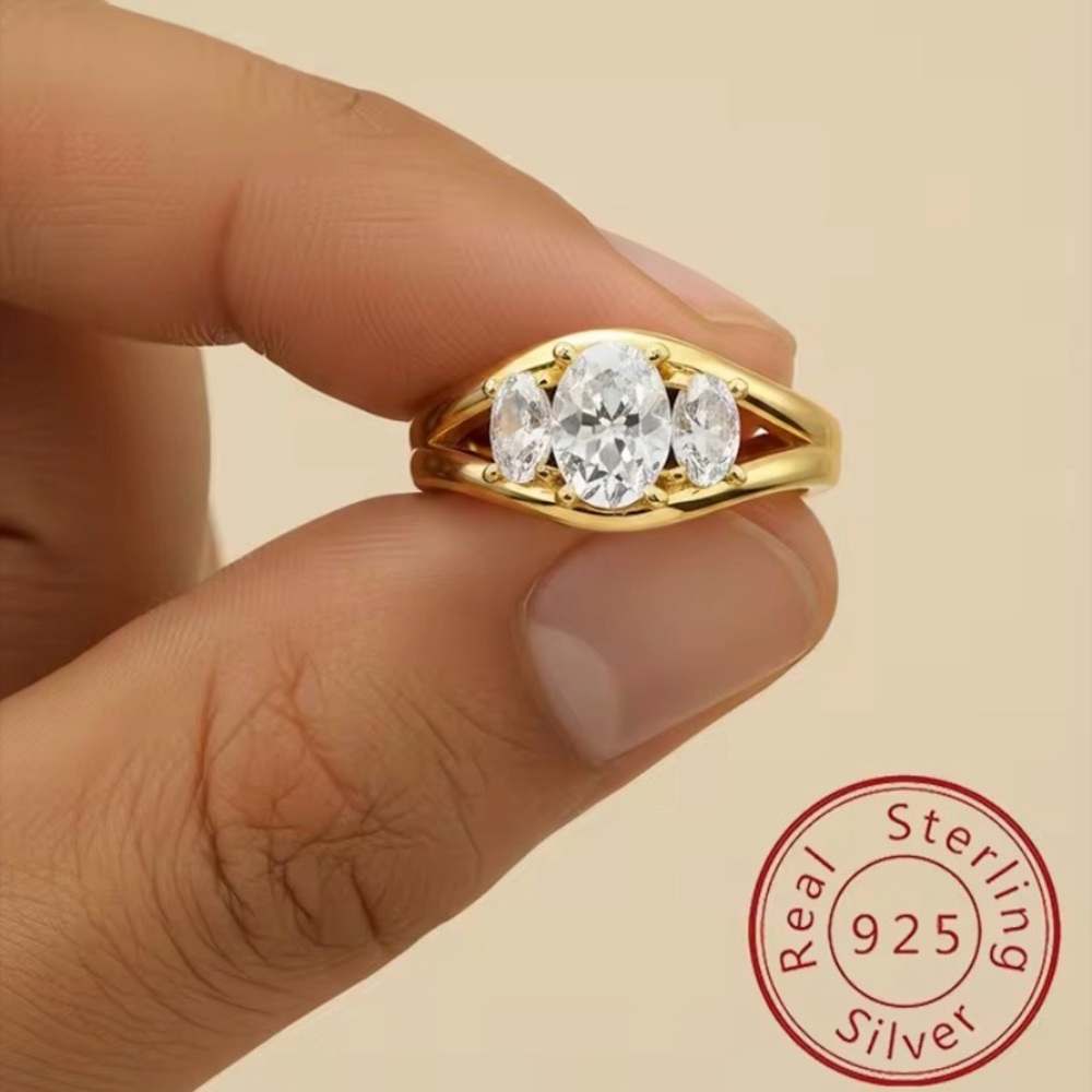 3CT Oval Cut 5A CZ Ring 14K Gold Plated Sterling Silver